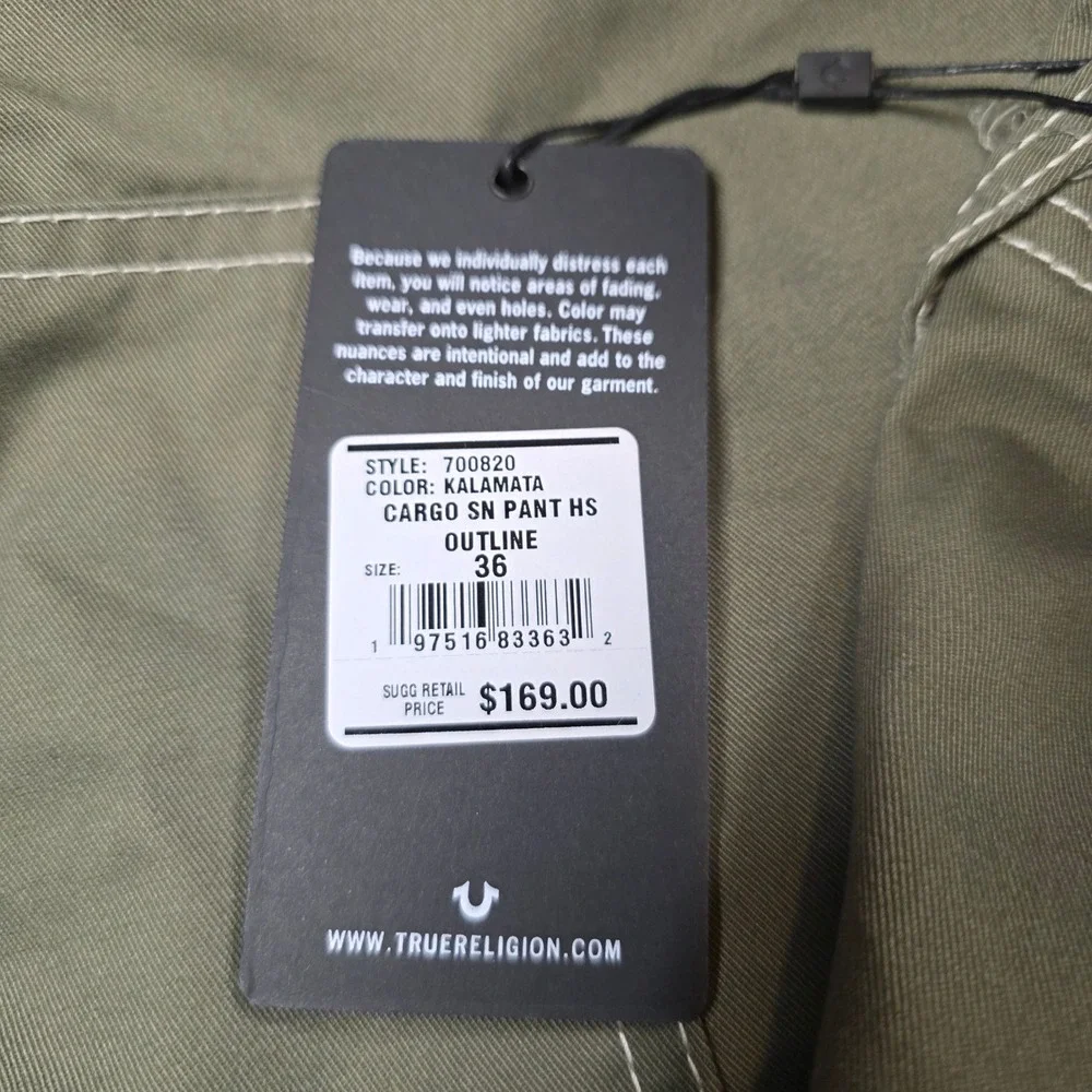 True Religion Mens Olive Green Cargo Pants Contrast Stitch Horseshoe Size 36 NWT